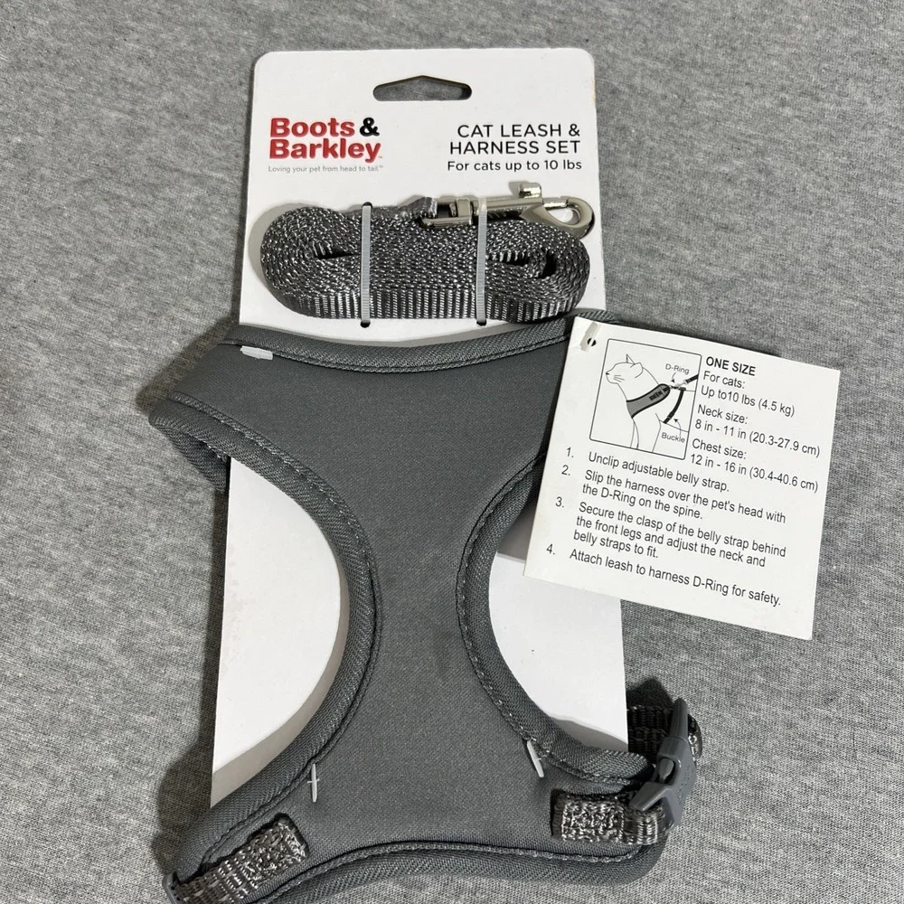 Boots & Barkley Cat Leash & Harness Set For Cat Up To 10 LBS Gray Adjustable New